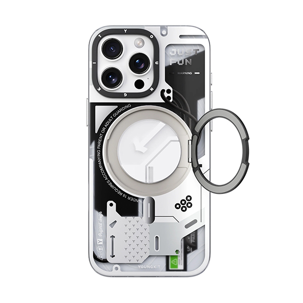 قاب آیفون 16Pro Max یانگکیت مدل Cyberpunk 360° Rotation Ring Stand YOUNGKIT Cyberpunk 360° Rotation Ring Stand White iPhone 16 Pro Max Case