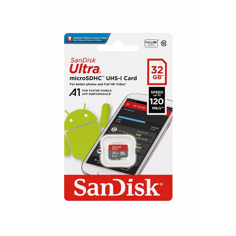 تصویر بسته‌بندی کارت حافظه SanDisk Ultra microSDHC UHS-I ظرفیت 32 گیگابایت با سرعت خواندن تا 120 مگابایت بر ثانیه