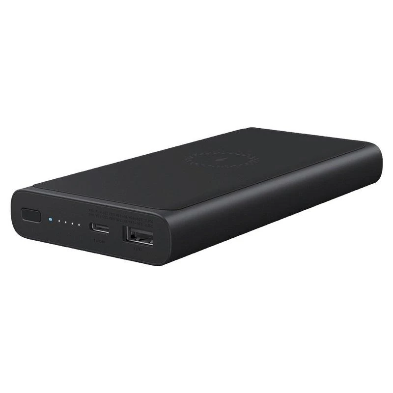 نمای سه‌رخ پاوربانک بی‌سیم شیائومی 10000 میلی‌آمپرساعت مشکی با درگاه USB-A، USB-C و قابلیت شارژ بی‌سیم 10 وات