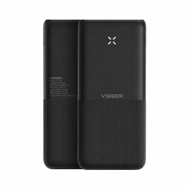 نمای جلو و پشت پاوربانک VEGER W1168 مشکی با ظرفیت 10000 میلی‌آمپرساعت، نشانگر LED، دو درگاه USB و یک درگاه USB-C