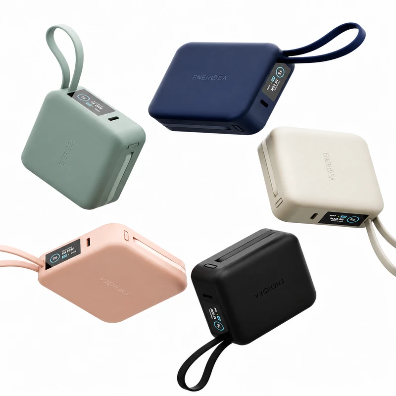 رنگ‌بندی پاوربانک Energea MagPack mini Plus ظرفیت 10000 میلی‌آمپرساعت شامل رنگ‌های آبی، سبز، کرم، صورتی و مشکی با طراحی جمع‌وجور، نمایشگر دیجیتال و بند حمل