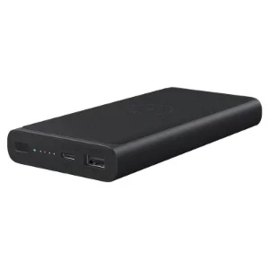 نمای سه‌رخ پاوربانک بی‌سیم شیائومی 10000 میلی‌آمپرساعت مشکی با درگاه USB-A، USB-C و قابلیت شارژ بی‌سیم 10 وات