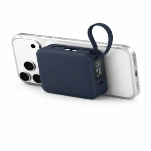 پاوربانک مغناطیسی Energea MagPack mini Plus آبی با ظرفیت 10000 میلی‌آمپرساعت، متصل به پشت آیفون، مجهز به نمایشگر دیجیتال، بند حمل و قابلیت شارژ سریع