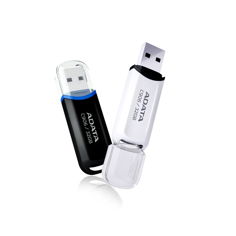 نمای باز و بسته فلش مموری ای‌دیتا مدل C906 ظرفیت 32 گیگابایت با درپوش شفاف و رابط USB
