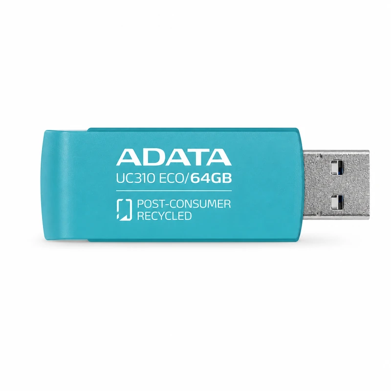 فلش مموری ADATA UC310 ECO سبز ظرفیت 64 گیگابایت با کانکتور USB و بدنه ساخته‌شده از مواد بازیافتی، مناسب برای ذخیره‌سازی و انتقال اطلاعات