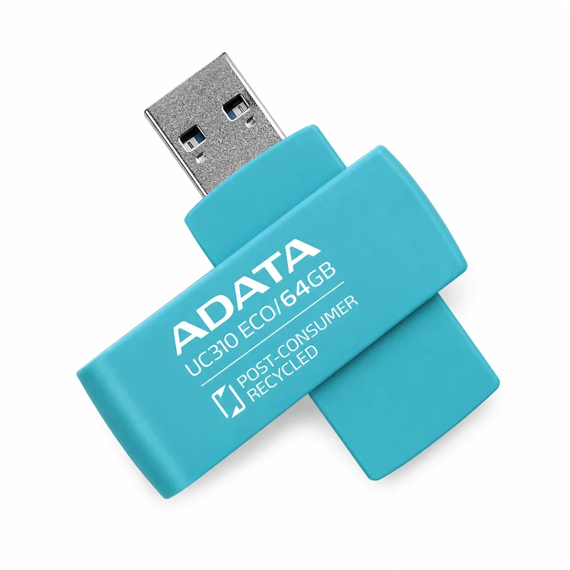 فلش مموری ADATA UC310 ECO سبز ظرفیت 64 گیگابایت با درپوش جداشونده و رابط USB، ساخته‌شده از مواد بازیافتی، مناسب برای ذخیره‌سازی و انتقال اطلاعات