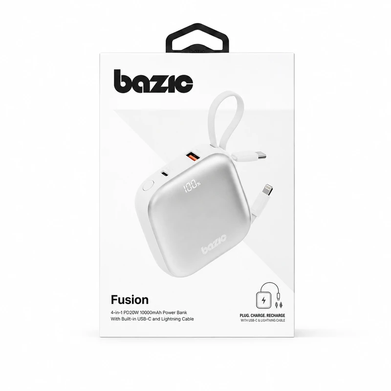 نمای جلوی جعبه اصلی پاوربانک Bazic Fusion 10000mAh سفید با کابل‌های داخلی USB-C و لایتنینگ، نمایشگر LED درصد شارژ و توان شارژ سریع 20 وات