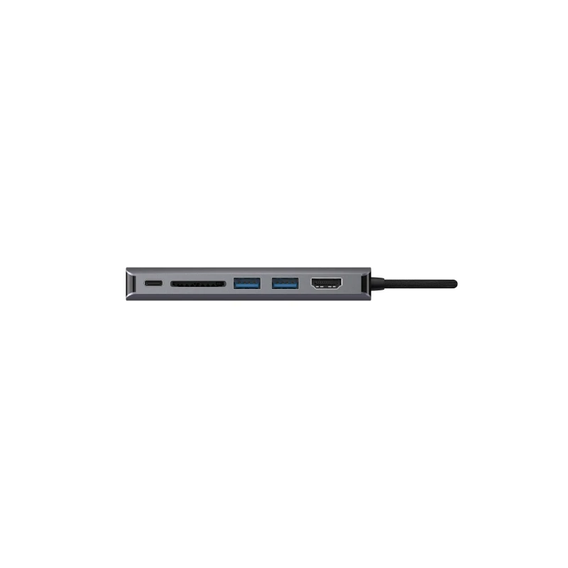 نمای درگاه‌های هاب USB-C آدام المنتس مدل CASA Hub A01M رنگ خاکستری با پورت HDMI، دو USB 3.0، کارت‌خوان SD و microSD و USB-C، مناسب مک‌بوک و لپ‌تاپ