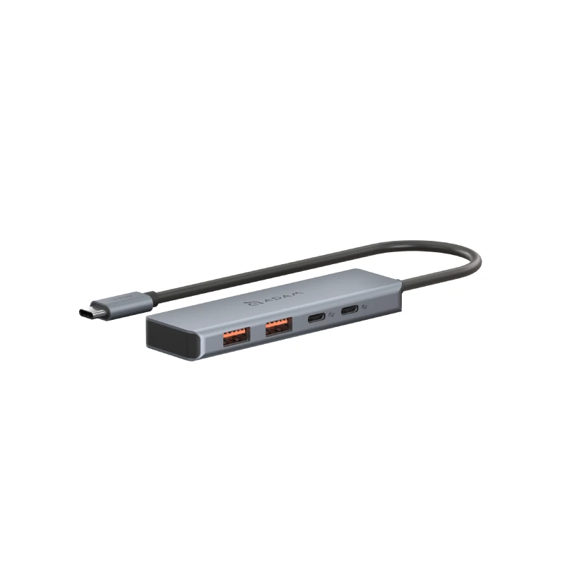 نمای زاویه‌دار هاب USB-C آدام المنتس مدل CASA Hub A04 رنگ خاکستری با دو پورت USB-A و دو پورت USB-C، مناسب مک‌بوک، لپ‌تاپ و سایر دستگاه‌های مجهز به USB-C