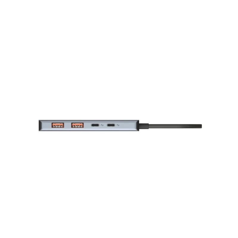 نمای درگاه‌های هاب USB-C آدام المنتس مدل CASA Hub A04 رنگ خاکستری با دو پورت USB-A و دو پورت USB-C، مناسب اتصال مک‌بوک، لپ‌تاپ و دستگاه‌های مجهز به USB-C