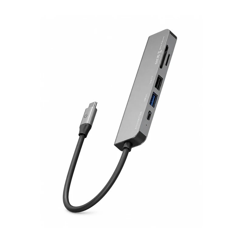 نمای زاویه‌دار هاب USB-C انرجیا مدل AluHub HD3 رنگ خاکستری با درگاه HDMI، USB 3.0، USB 2.0، کارت‌خوان SD و microSD و پورت USB-C Power Delivery، مناسب مک‌بوک، لپ‌تاپ و دستگاه‌های مجهز به USB-C
