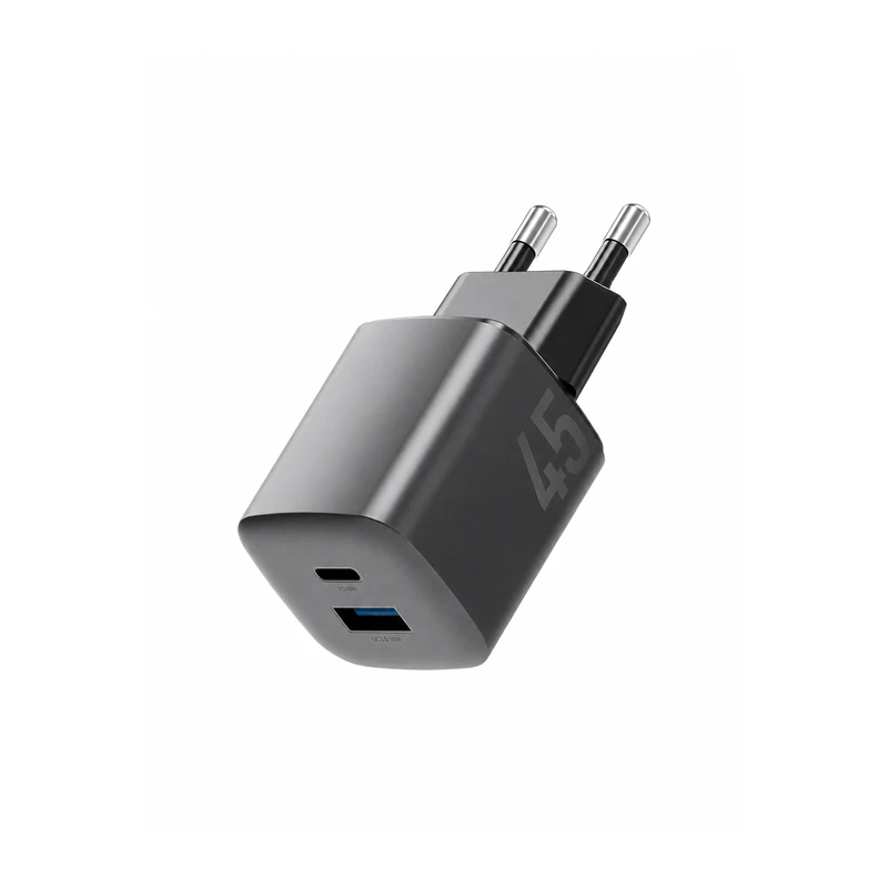 نمای پشت شارژر دیواری انرجیا مدل AmpCharge Mini مشکی 45 وات با دوشاخه اروپایی، مناسب شارژ سریع دستگاه‌های سازگار با USB-C Power Delivery و USB-A Quick Charge