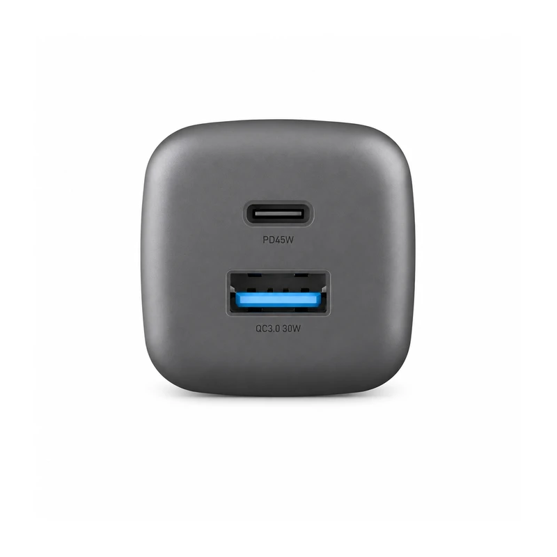 نمای روبه‌روی درگاه‌های شارژر دیواری انرجیا مدل AmpCharge Mini مشکی 45 وات با یک پورت USB-C Power Delivery 45W و یک پورت USB-A Quick Charge 3.0 30W