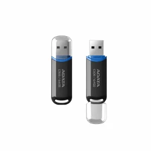 نمای فلش مموری ADATA C906 مشکی ظرفیت 64 گیگابایت با درپوش باز و بسته، رابط USB 2.0، طراحی سبک و مناسب برای ذخیره‌سازی و انتقال اطلاعات