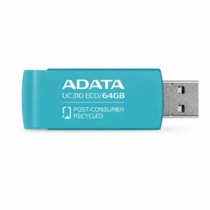 فلش مموری ADATA UC310 ECO سبز ظرفیت 64 گیگابایت با کانکتور USB و بدنه ساخته‌شده از مواد بازیافتی، مناسب برای ذخیره‌سازی و انتقال اطلاعات
