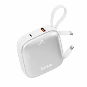 پاوربانک Bazic Fusion 10000mAh سفید با نمایشگر دیجیتال درصد شارژ، کابل‌های داخلی USB-C و لایتنینگ و طراحی جمع‌وجور مناسب شارژ انواع گوشی و تبلت