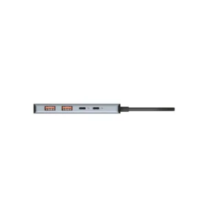 نمای درگاه‌های هاب USB-C آدام المنتس مدل CASA Hub A04 رنگ خاکستری با دو پورت USB-A و دو پورت USB-C، مناسب اتصال مک‌بوک، لپ‌تاپ و دستگاه‌های مجهز به USB-C