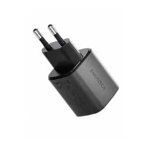 نمای زاویه‌دار شارژر دیواری انرجیا مدل AmpCharge Mini مشکی با توان 45 وات، مجهز به درگاه USB-C Power Delivery و USB-A Quick Charge برای شارژ سریع گوشی، تبلت، لپ‌تاپ و سایر دستگاه‌های سازگار