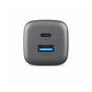 نمای روبه‌روی درگاه‌های شارژر دیواری انرجیا مدل AmpCharge Mini مشکی 45 وات با یک پورت USB-C Power Delivery 45W و یک پورت USB-A Quick Charge 3.0 30W