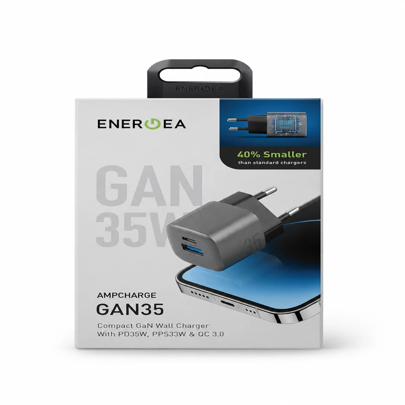 نمای جلویی جعبه شارژر دیواری Energea AmpCharge GAN35 با توان 35 وات، مجهز به فناوری GaN، پشتیبانی از USB-C Power Delivery 35W، PPS و Quick Charge 3.0