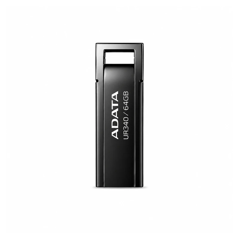 نمای عمودی فلش مموری ADATA UR340 مشکی ظرفیت 64 گیگابایت با بدنه فلزی، طراحی بدون درپوش و رابط USB 3.2 Gen1، مناسب برای انتقال و ذخیره‌سازی اطلاعات