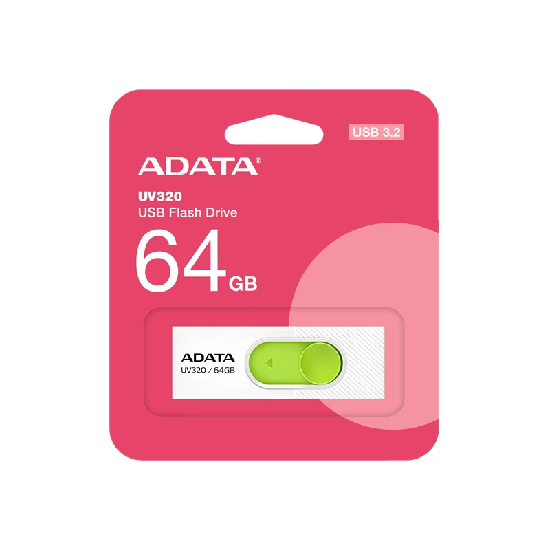 بسته‌بندی فلش مموری ای‌دیتا مدل UV320 ظرفیت 64 گیگابایت با رابط USB 3.2 و طراحی کشویی