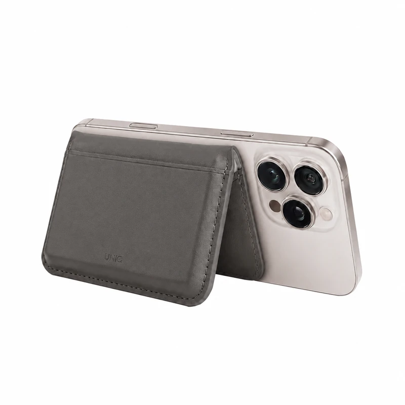 کیف پول مگنتی چرمی یونیک Lyden رنگ Flint Grey در حالت استند آیفون