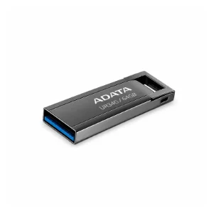 نمای زاویه‌دار فلش مموری ADATA UR340 مشکی ظرفیت 64 گیگابایت با بدنه فلزی، رابط USB 3.2 Gen1 و طراحی بدون درپوش، مناسب برای انتقال سریع اطلاعات