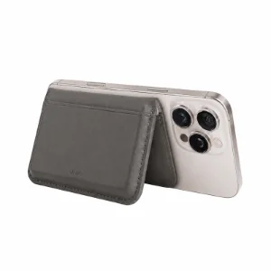 کیف پول مگنتی چرمی یونیک Lyden رنگ Flint Grey در حالت استند آیفون