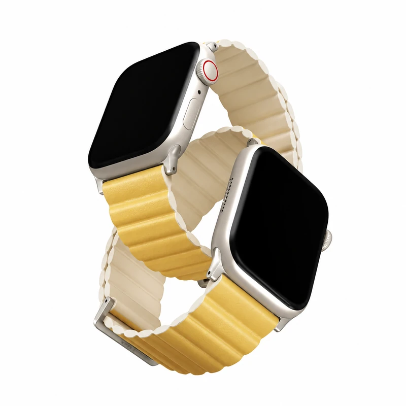نمای زاویه‌دار بند اپل واچ UNIQ Revix Premium Edition Canary Yellow/Ivory با ترکیب رنگ زرد قناری و عاجی