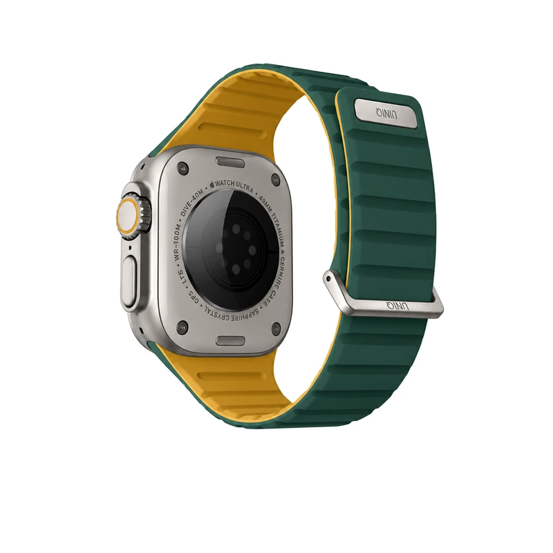 نمای پشت بند اپل واچ UNIQ Revix Evo Viridian Green/Burnt Yellow سبز و زرد، مناسب Apple Watch سایز 44، 45، 46 و 49 میلی‌متر
