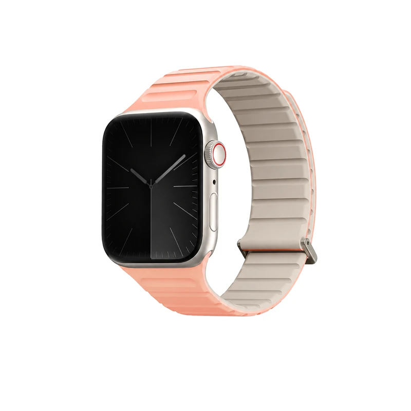 نمای روبه‌رو بند اپل واچ UNIQ Revix Evo Crepe/Pink Ivory با ترکیب رنگ صورتی کرپ و عاجی، مناسب Apple Watch سایز 40، 41 و 42 میلی‌متر