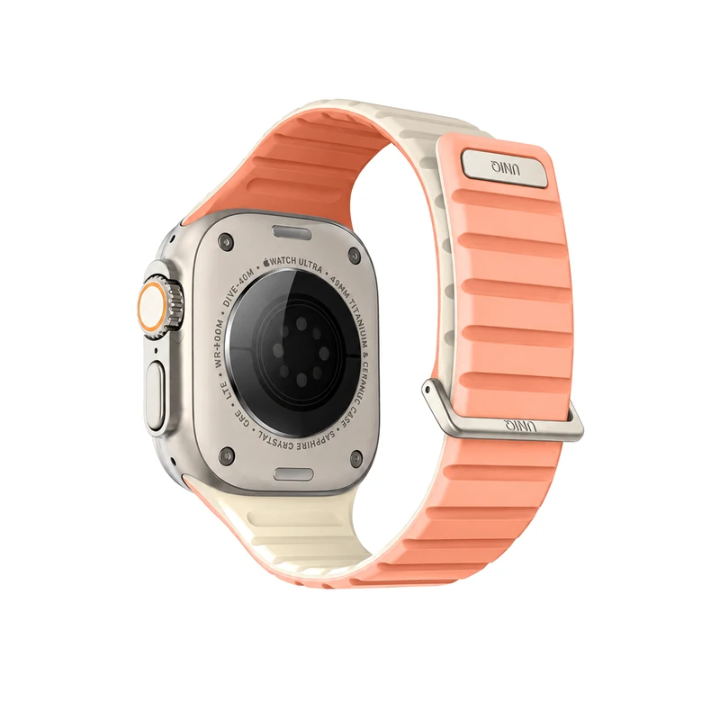 نمای پشت بند اپل واچ UNIQ Revix Evo Crepe/Pink Ivory با ترکیب رنگ صورتی کرپ و عاجی، مناسب Apple Watch سایز 40، 41 و 42 میلی‌متر