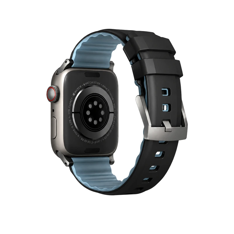 نمای پشت و سگک بند مشکی UNIQ Linus برای Apple Watch سایز 40، 41 و 42 میلی‌متر