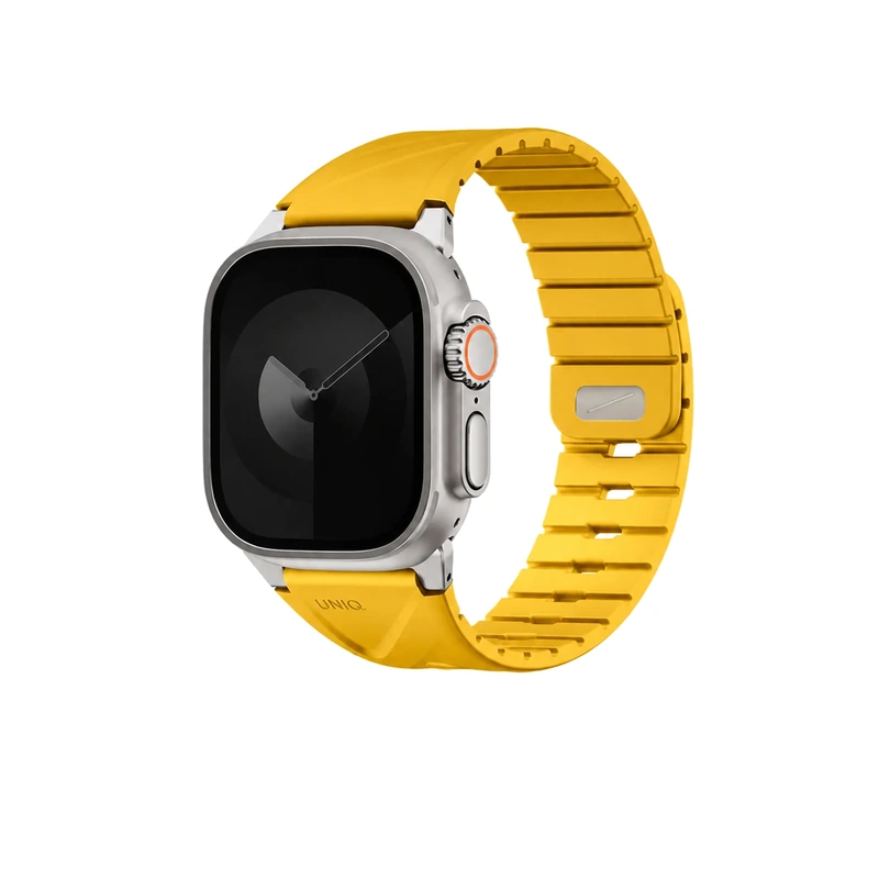 نمای جلویی بند زرد طلایی UNIQ Fluo Golden Yellow برای Apple Watch سایز 40 تا 49 میلی‌متر