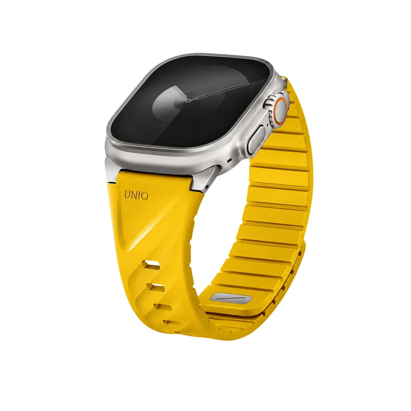 نمای زاویه‌دار بند زرد طلایی UNIQ Fluo Golden Yellow برای Apple Watch سایز 40 تا 49 میلی‌متر