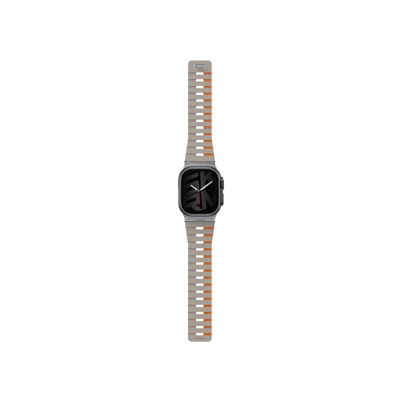 نمای روبه‌رو بند SKINARMA Gemini Grey خاکستری و نارنجی برای Apple Watch سایز 44، 45، 46 و 49 میلی‌متر