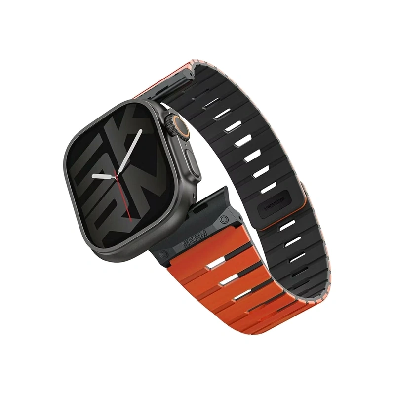 نمای زاویه‌دار بند SKINARMA Gemini Orange مشکی و نارنجی برای Apple Watch سایز 44، 45، 46 و 49