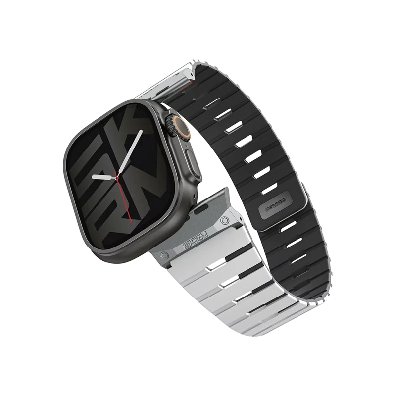 نمای زاویه‌دار بند SKINARMA Gemini Chalk سفید و مشکی برای Apple Watch سایز 44، 45، 46 و 49 میلی‌متر