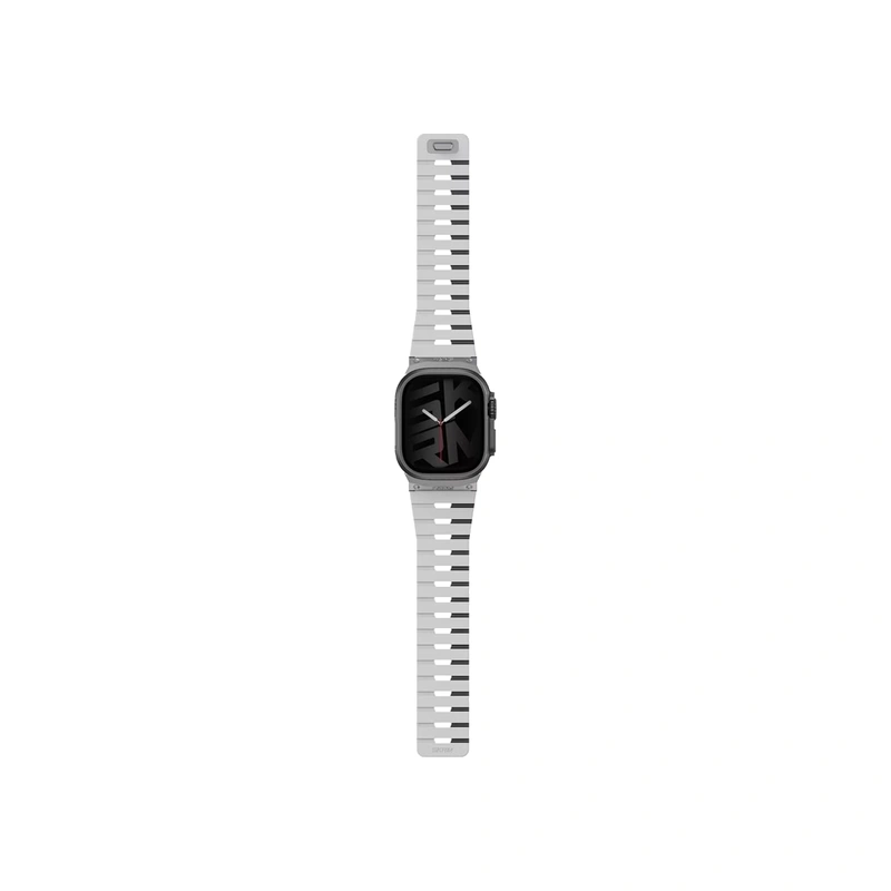 نمای روبه‌رو بند SKINARMA Gemini Chalk سفید و مشکی برای Apple Watch سایز 44، 45، 46 و 49 میلی‌متر