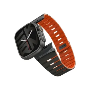 نمای زاویه‌دار بند SKINARMA Gemini Sienna مشکی و نارنجی برای Apple Watch سایز 44، 45، 46 و 49 میلی‌متر