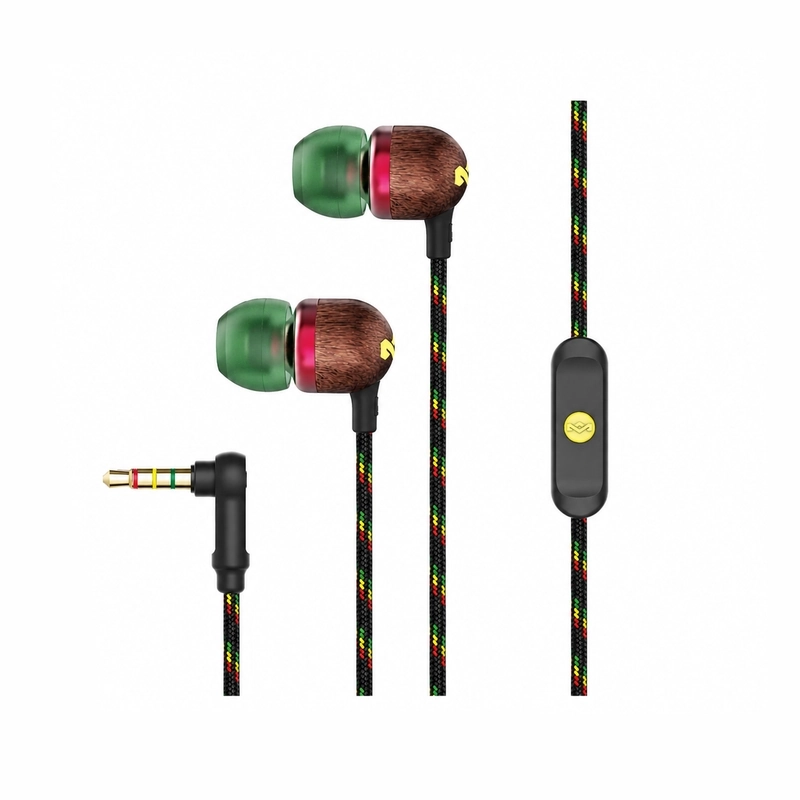 هندزفری Marley Smile Jamaica Rasta با بدنه چوبی، سری سبز، کابل بافته‌شده طرح راستا، کنترلر و جک 3.5 میلی‌متری زاویه‌دار 