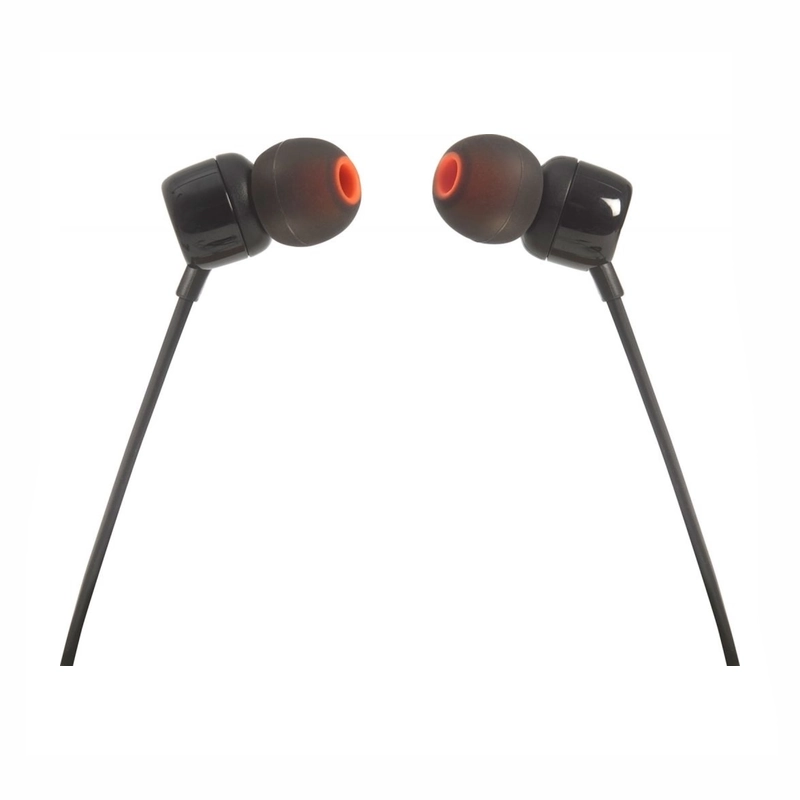 نمای دو گوشی هندزفری مشکی JBL Tune 110 با سری‌های سیلیکونی و جزئیات نارنجی