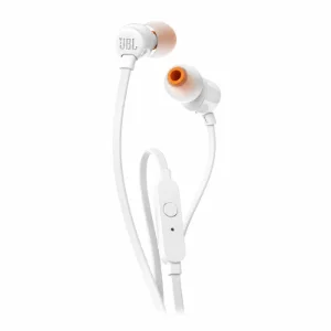 هندزفری سفید JBL Tune 110 با سری‌های سیلیکونی و کنترلر روی کابل 