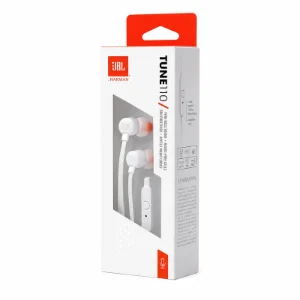 نمای بسته‌بندی هندزفری سفید JBL Tune 110 با نمایش گوشی‌ها و کنترلر روی کابل 