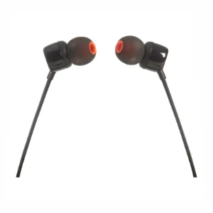 نمای دو گوشی هندزفری مشکی JBL Tune 110 با سری‌های سیلیکونی و جزئیات نارنجی