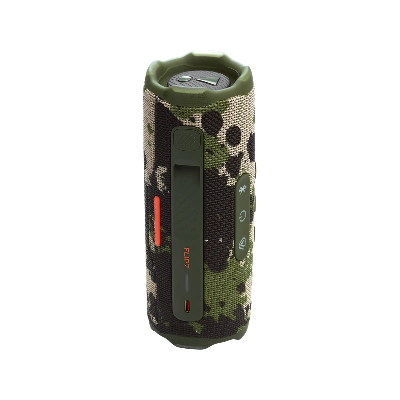 نمای پشت و پنل کنترل اسپیکر بلوتوثی JBL Flip 7 Squad با طرح استتاری