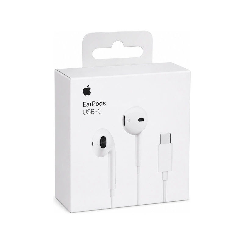 جعبه هندزفری اپل EarPods USB-C سفید با تصویر هدفون و کانکتور USB-C
