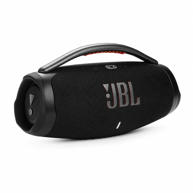 نمای زاویه‌دار اسپیکر جی‌بی‌ال Boombox 3 مشکی با دسته حمل