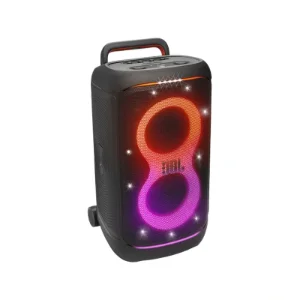 نمای سه‌رخ اسپیکر جی‌بی‌ال PartyBox 520 مشکی با نورپردازی RGB